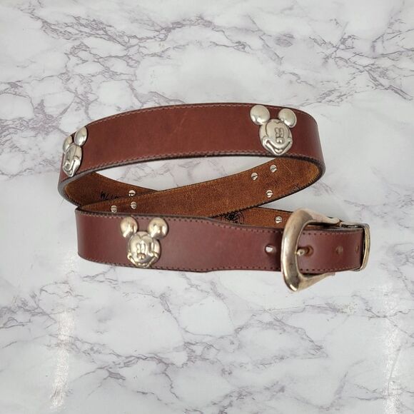 Brighton x Disney Vintage 90s Brown Leather Belt with Silver Mickey Mouse Concho - Picture 2 of 14